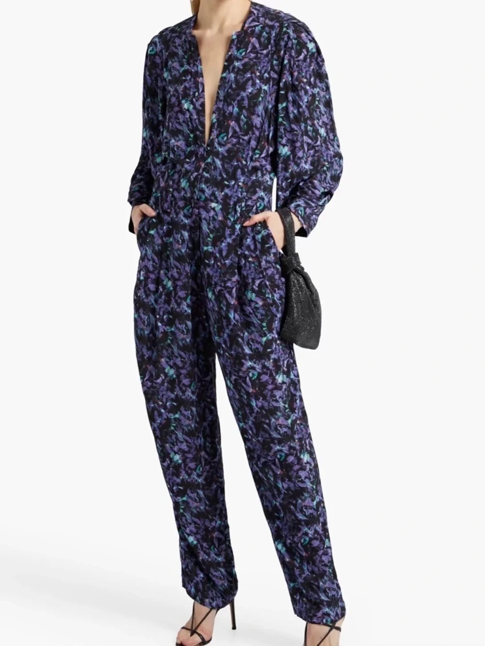 IRO Black Multi Lanta Pleated Printed Crepe Long-Sleeve Jumpsuit size 36 (sz 4)